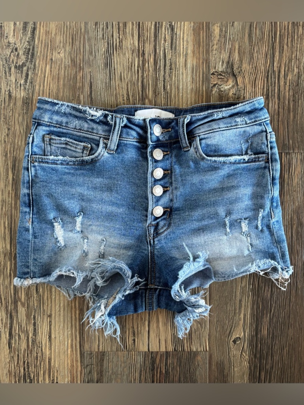 Vervet High-Rise Button-Fly Blue Jean Shorts Jorts Womens Sm Raw Hem Distressed